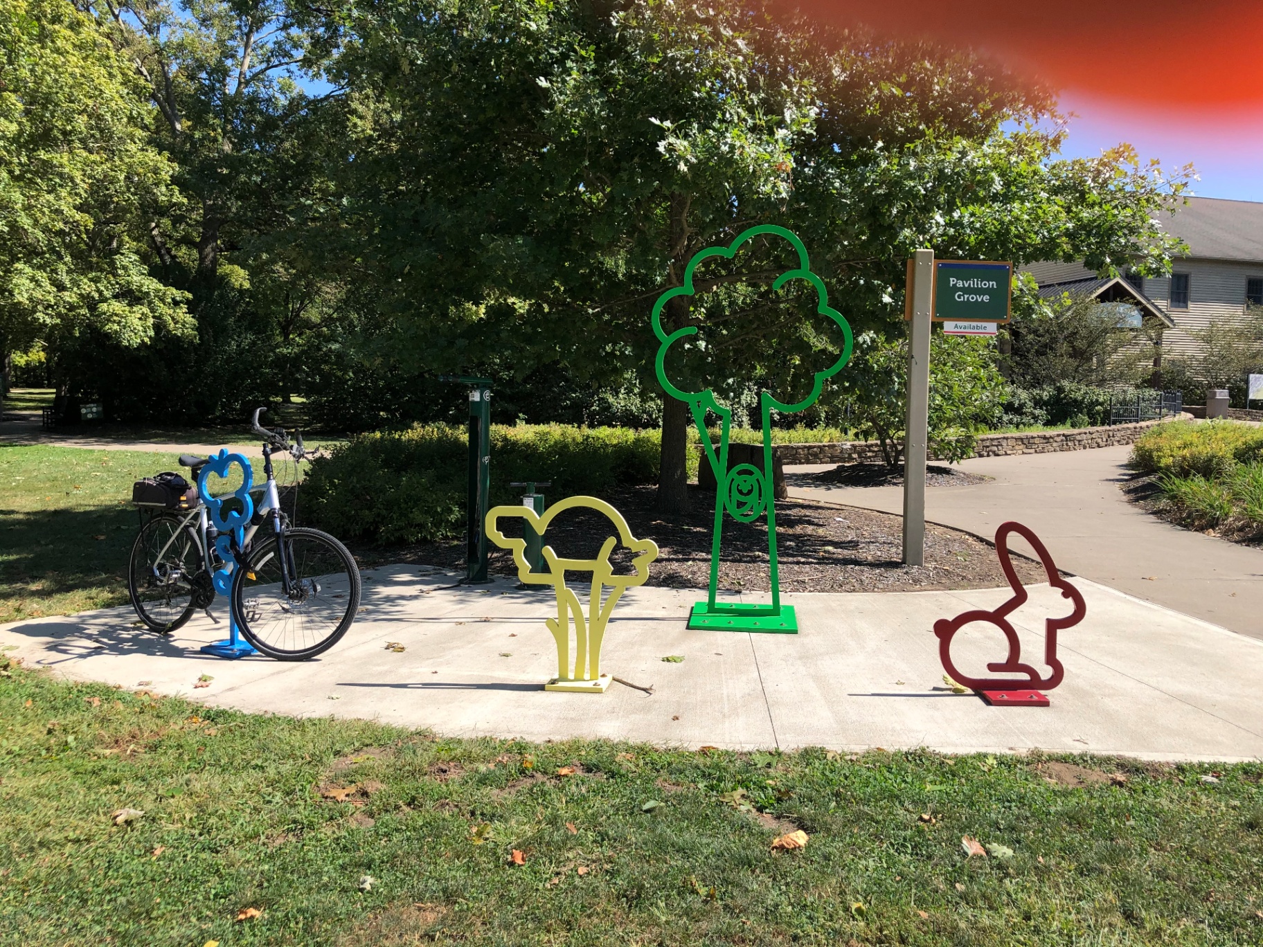 Custom decorative bike racks installed at Sharon Woods park